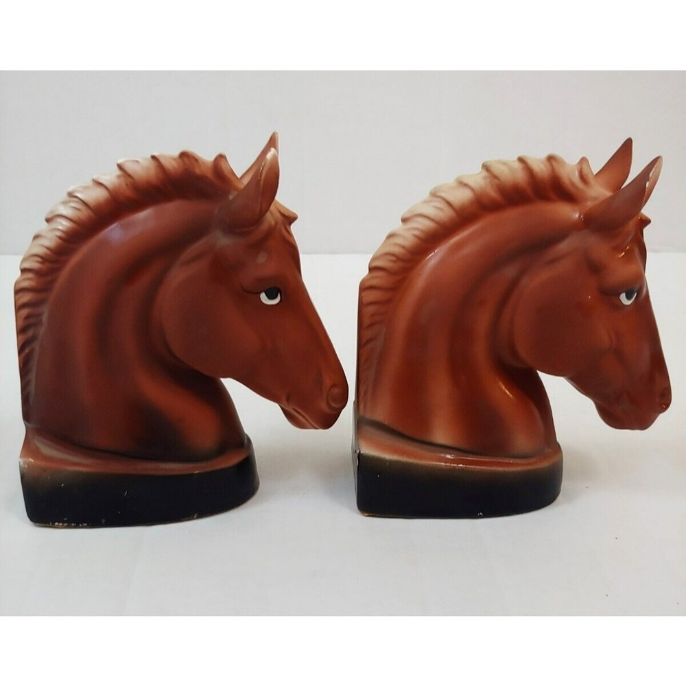Vtg Horse Head Book Ends Home Shelf Decor Brown
